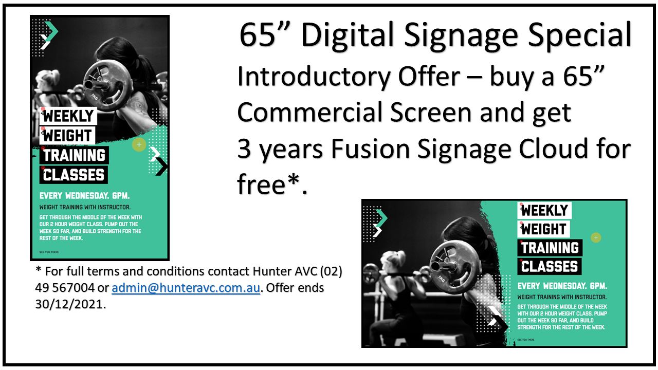 DIGITAL SIGNAGE PACKAGE - FUSION SIGNAGE 3 YEARS - 65" COMMERCIAL SCREEN 16/7 3 YEARS